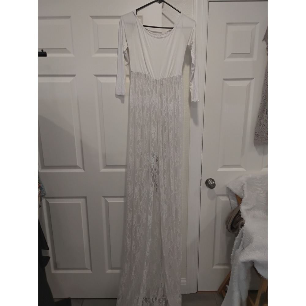 White Lace Maternity Gown Long‎ Sleeve Open Front Photo Shoot Maxi Dress